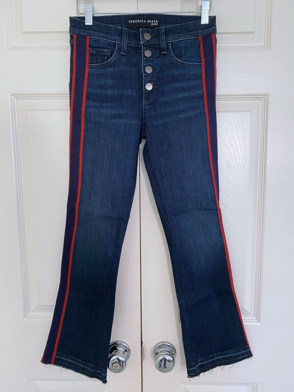 NWT Veronica Beard Carolyn 10" Baby Boot Cut Jeans Raw Hem Red Tuxedo Stripe 25